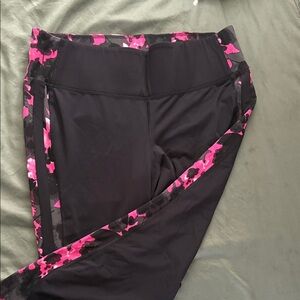 LIVI Active plus Black Leggings with pink and gray floral strip on side of legs.